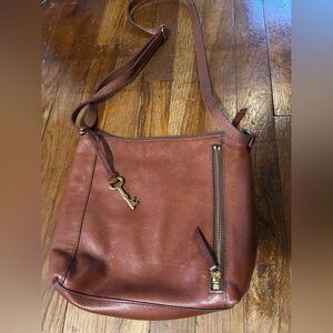Fossil Classic Tan Leather Shoulder Bag with Key Charm